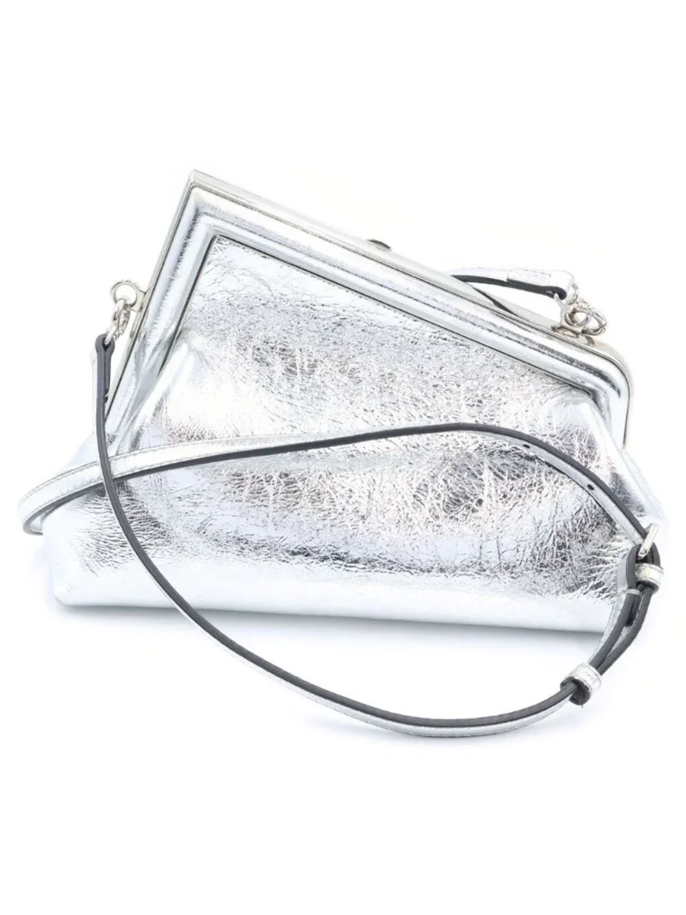 Fendi First Small Leather 2-Way Clutch Shoulder Bag Silver